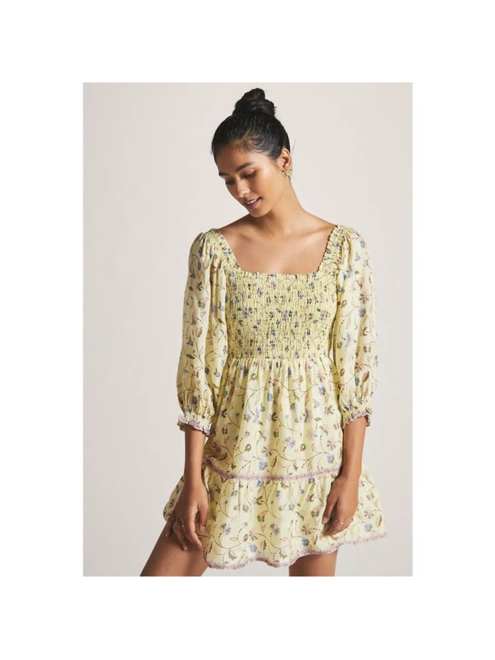 NWT Anthropologie Yellow Floral Smocked Babydoll Dress